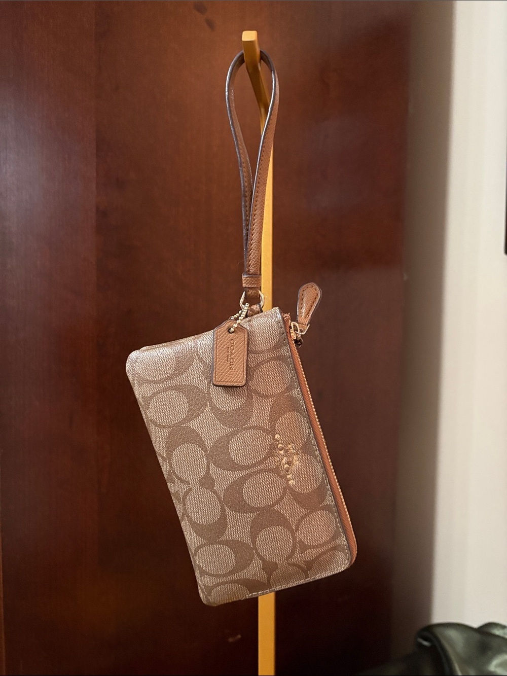 Coach Signature Canvas Double Corner Zip Wristlet in Tan and Brown